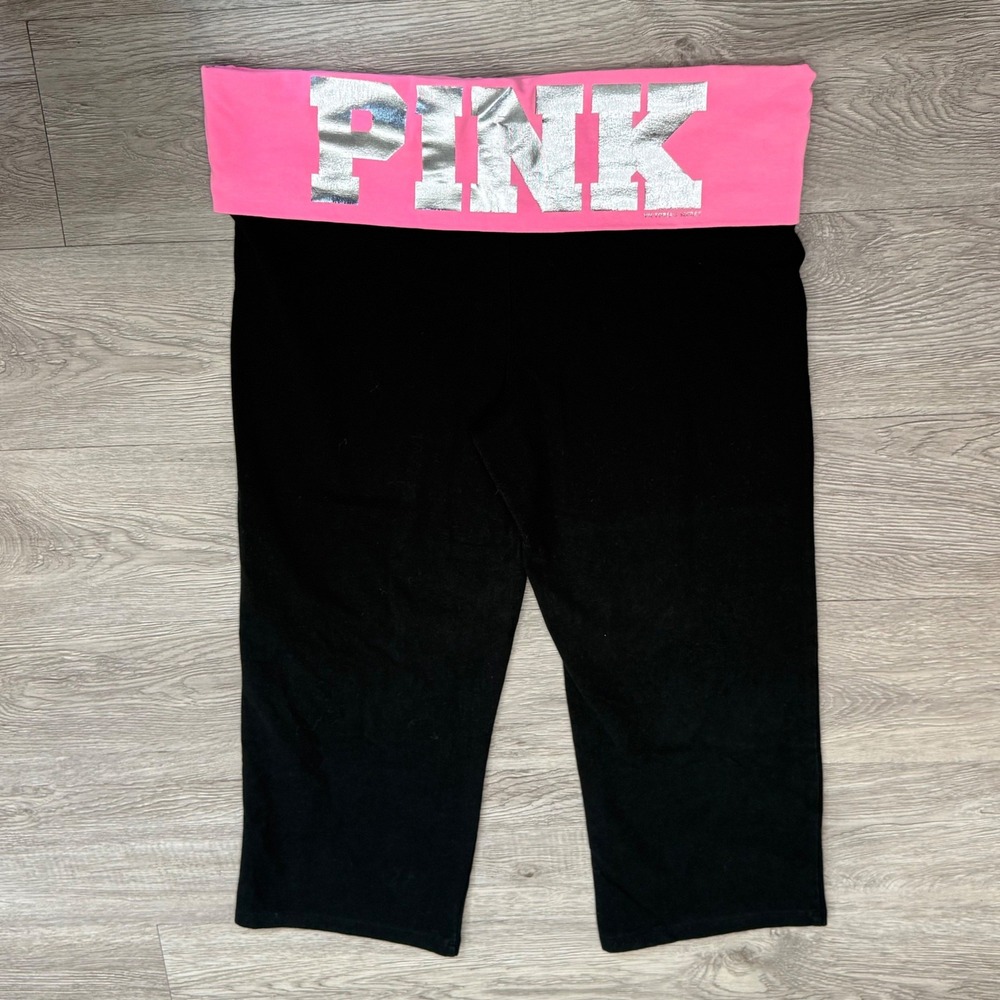Victoria's Secret PINK Yoga Pants Black Pink Heart Metallic Logo Large